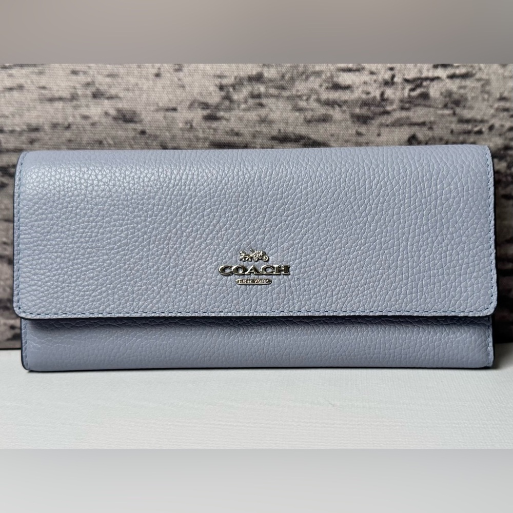 NWT Coach Soft Trifold Wallet Pebble Leather Mist Blue / Silver 39745